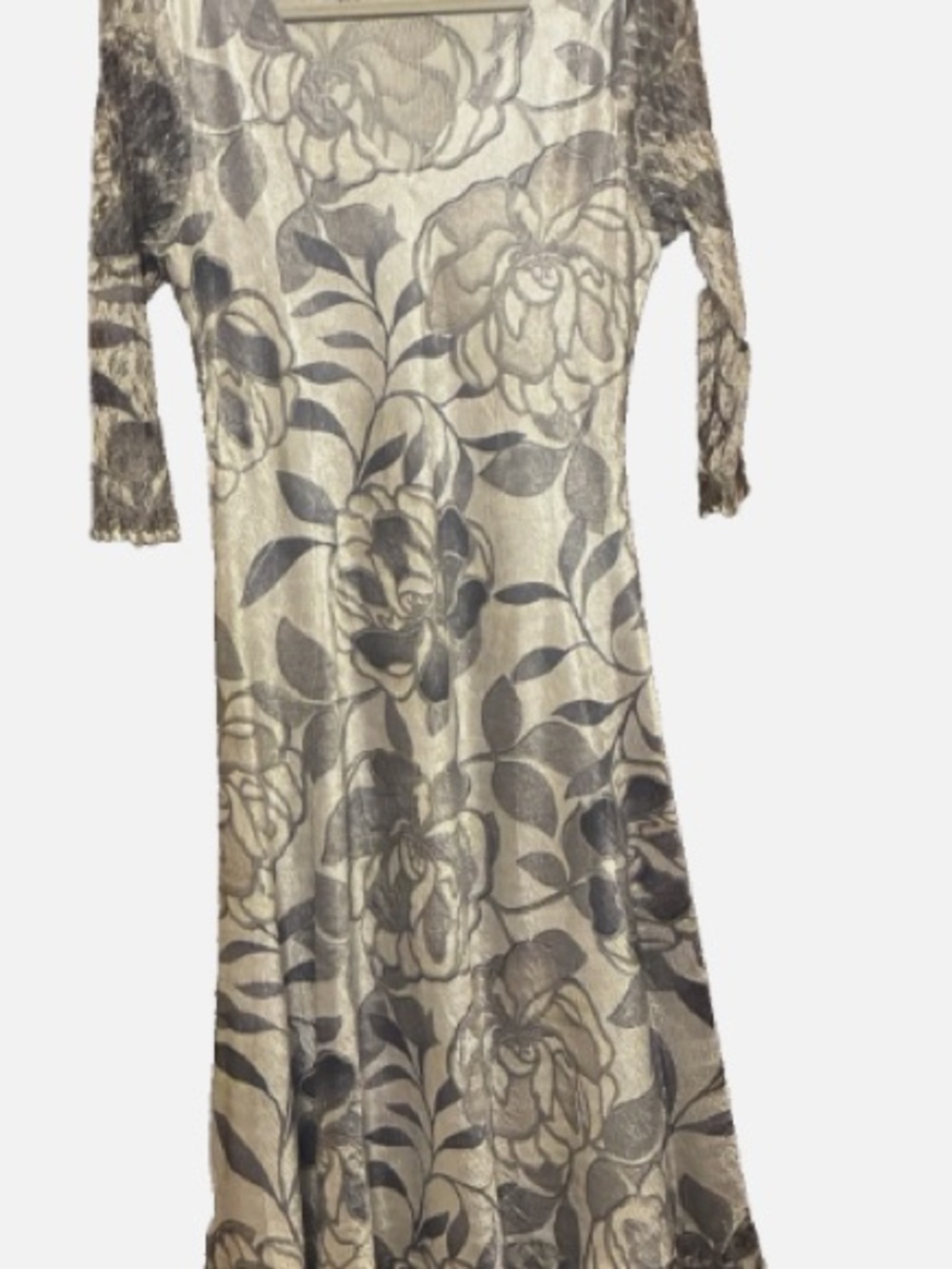 Floral Lace-Overlay Maxi Dress in Gray and Cream